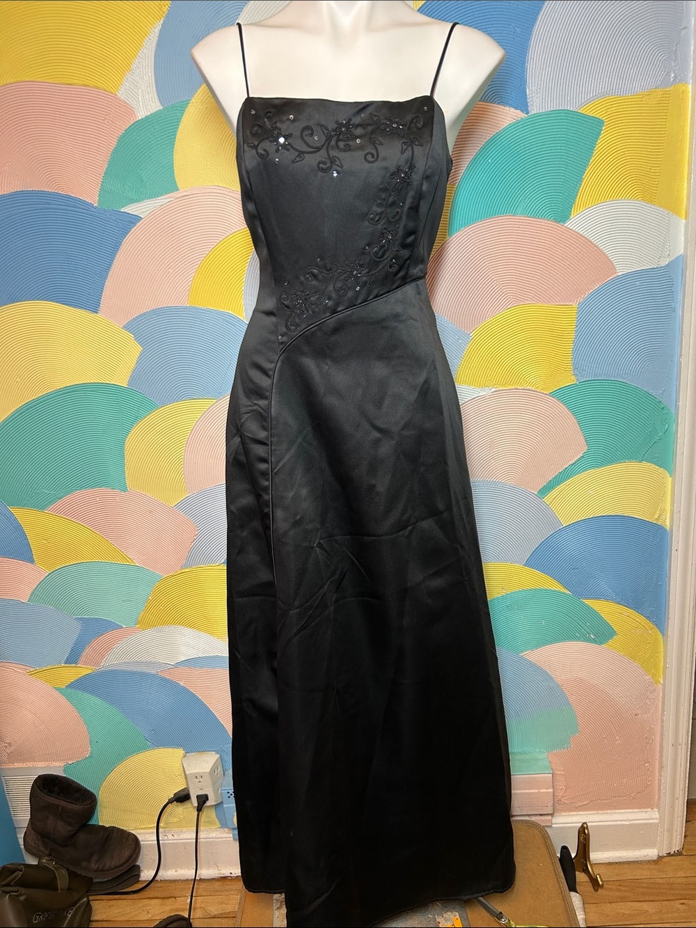 Vintage Dave & Johnny Elegant Black Spaghetti-Strap Evening Dress sz 11-12